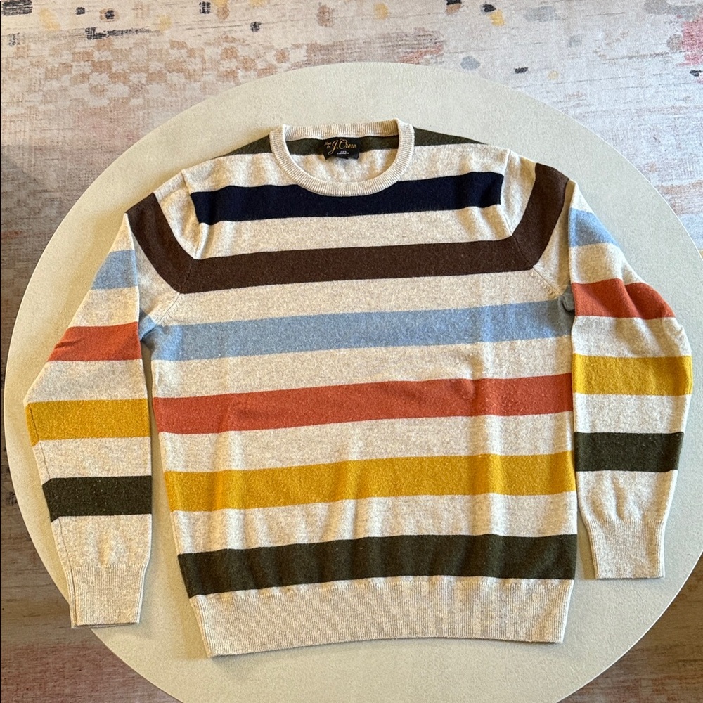 J. Crew Men's Cashmere Crewneck Sweater - Cream, Blue, Brown Stripes
